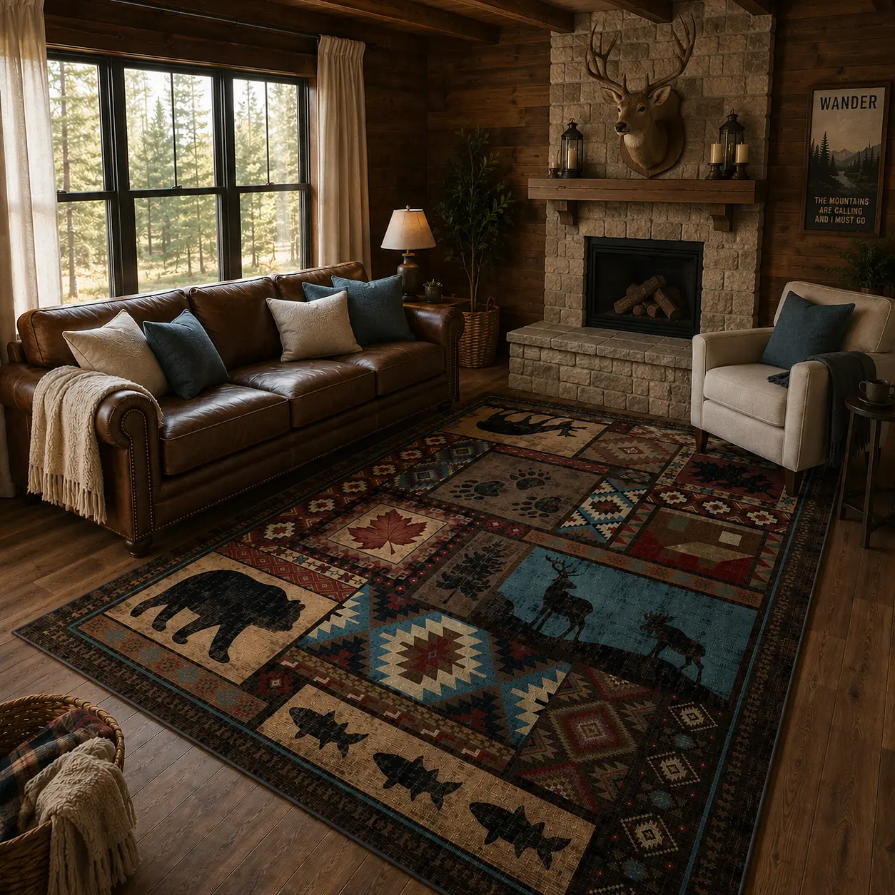 YIHOUSE Machine Washable Large Rustic Lodge Cottage Cozy Area Rug - Low Pile, Non-Slip, Stain Resistant, Soft Geometric Design Carpet for Living Room, Bedroom, Ideal for Country Cabin Homes, Cottage Area Rug, Geometric Design Rug