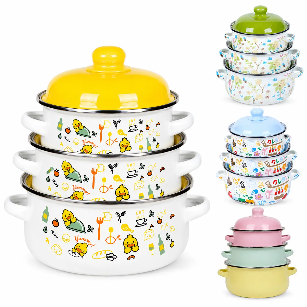 Practical 3 Size Enamel Cooking Pot Set for Home Use, Double Handle Non-Toxic Easy Clean Pots with Lids, Induction Safe Cute Cookware for Homemade Soup, Porridge and Baby Food Prep, Porridge Cartoon Yellow Duck Print