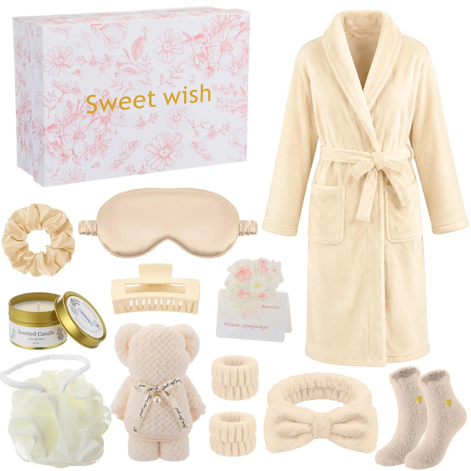 11 Pcs Birthday Gifts for Women Spa Gift Set with Bathrobe Sleep Mask Scented Candle Socks Headband, Pamper Self Care Package for Mom Wife Girlfriend Sister, Mother Day Valentine Baby Shower Get Well Christmas Anniversary Presents
