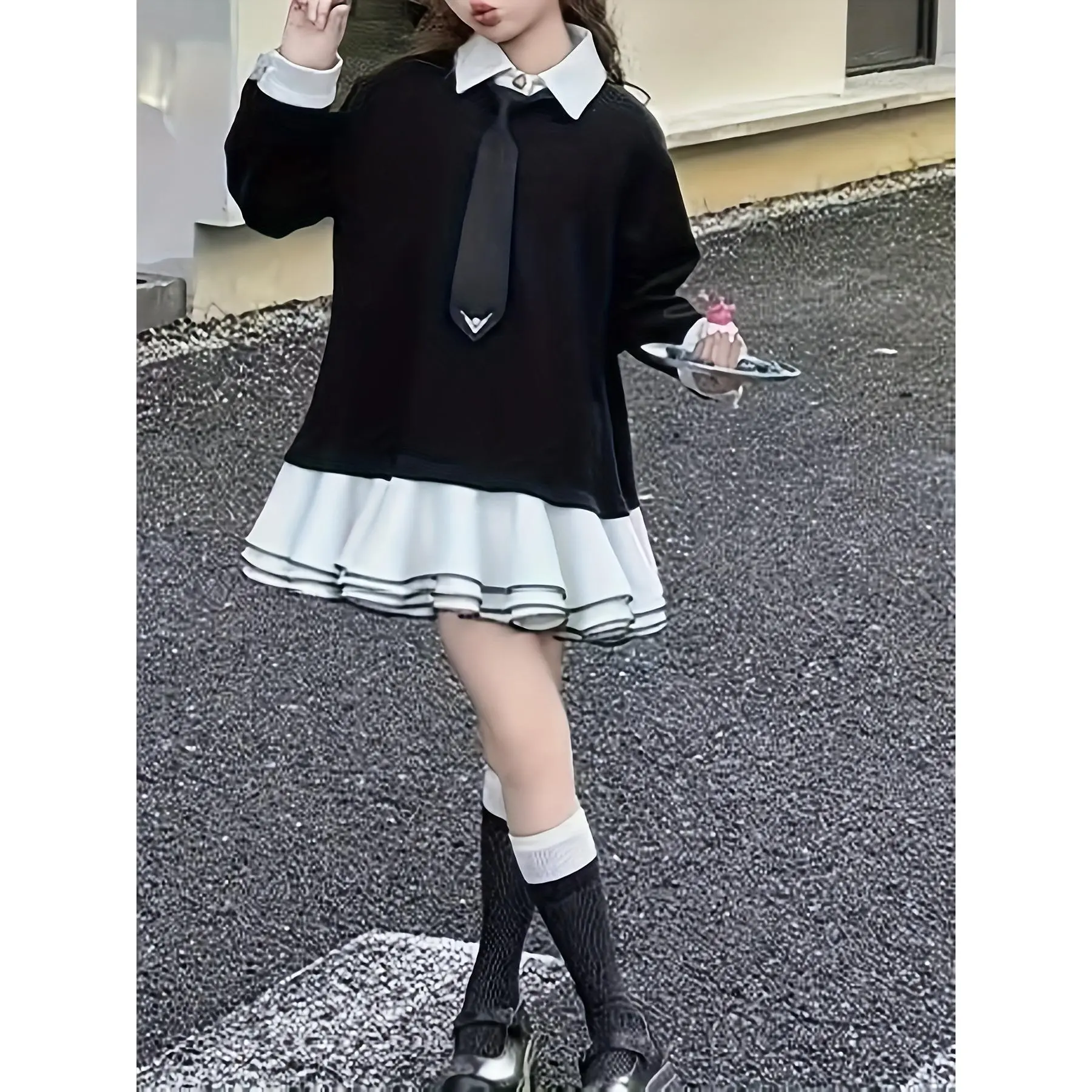 1pc ' Academy-Style Dress with White Collar & Tie, Ruffled Umbrella Hem - Knee-Length Long Sleeve Princess Dress Suitable for, Church, Party - Cozy Winter Dress for
