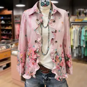 Cherrybetty Vintage Floral Print Ruffle Trim Collared Jacket  Coats Womenswear Outerwear Tops Spring Fashion Outfit Inspo Tiktok Shop Spring Glow up Loungewear