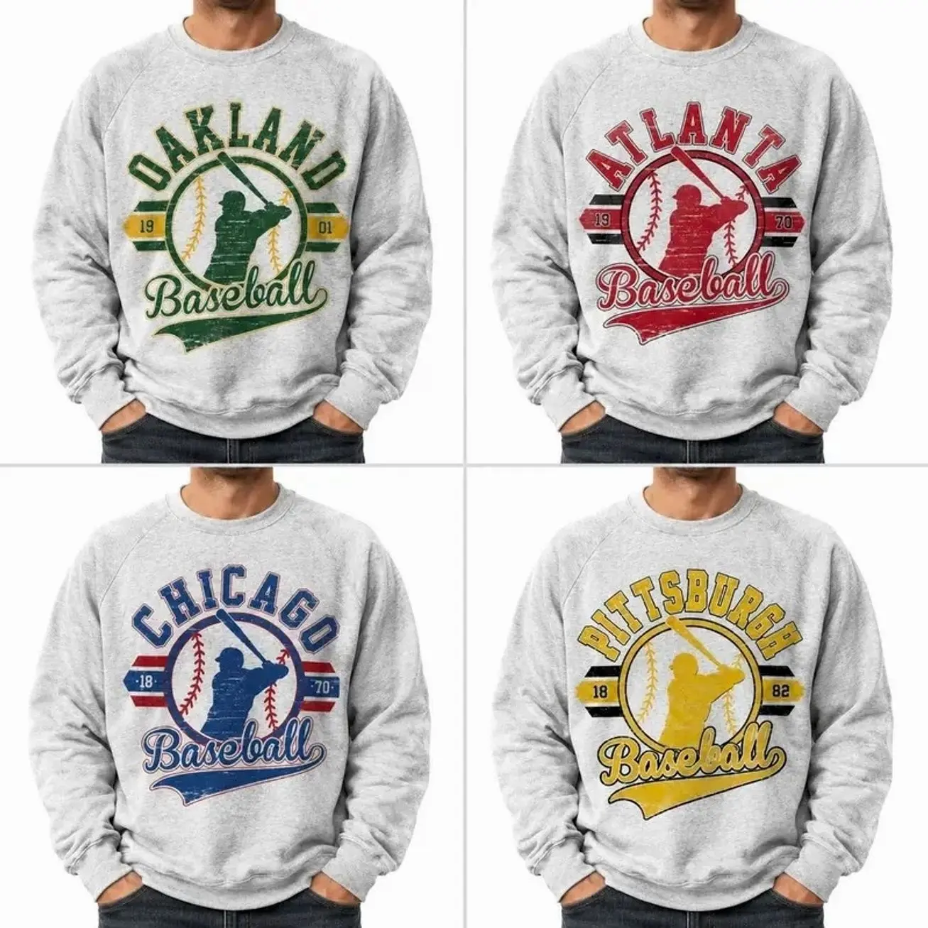 Vintage Baseball Sweatshirt – Ash Grey, Retro Established City Baseball Pullover, Sports Unisex Crewneck Sweatshirts, Sublimation Print Casual Graphic Top