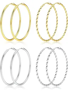 8Pcs Clip On Hoop Earring Sets for Women Stainless Steel, Silver Gold Non Piercing Big Hoop Earring Hypoallergenic Twisted Hoop Earrings for Non Pierced Lightweight Ears, Fashionable Jewelry Accessories