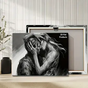 2D Flat Black and White Embracing Couple Photo Print - Gallery-Wrapped Wood Frame Art, Vintage Emotional Wall Decoration for Living Room, Bedroom