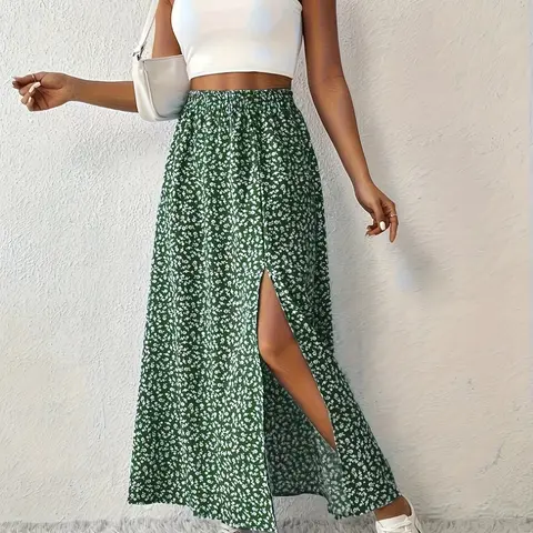 Women's Versatile Boho Lightweight Midi Skirt, Full Print Design, Split Hem Detail, Perfect for Casual Wear, Stylish, Elegant and Comfortable