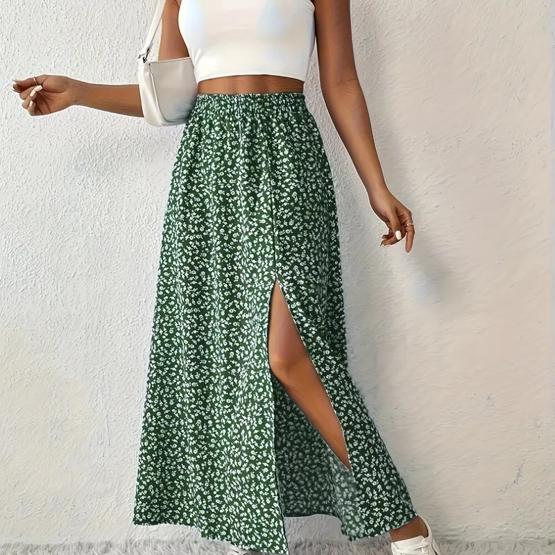 Women's Versatile Boho Lightweight Midi Skirt, Full Print Design, Split Hem Detail, Perfect for Casual Wear, Stylish, Elegant and Comfortable