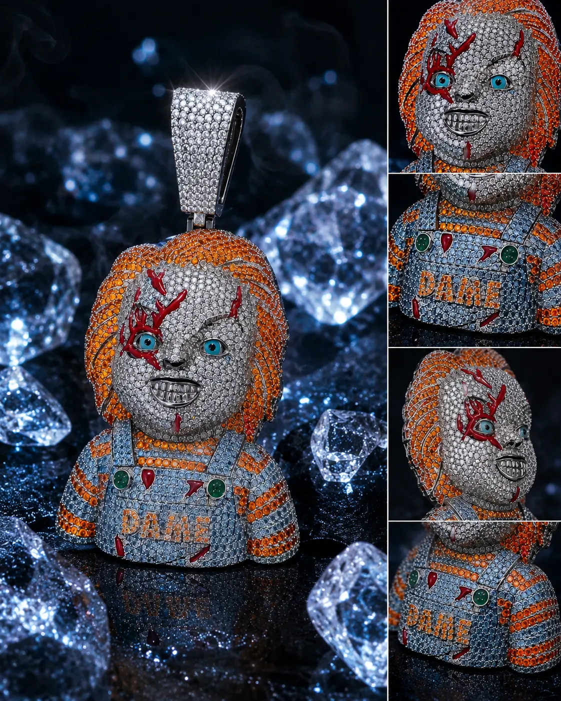 2351 Bloody Chucky Doll Pendant, Spooky Bold Chilling 3D Iced-Out Blinged-Out Horror Statement Piece, Charms & Pendants for Hip Hop Streetwear Vibe, Collectibles