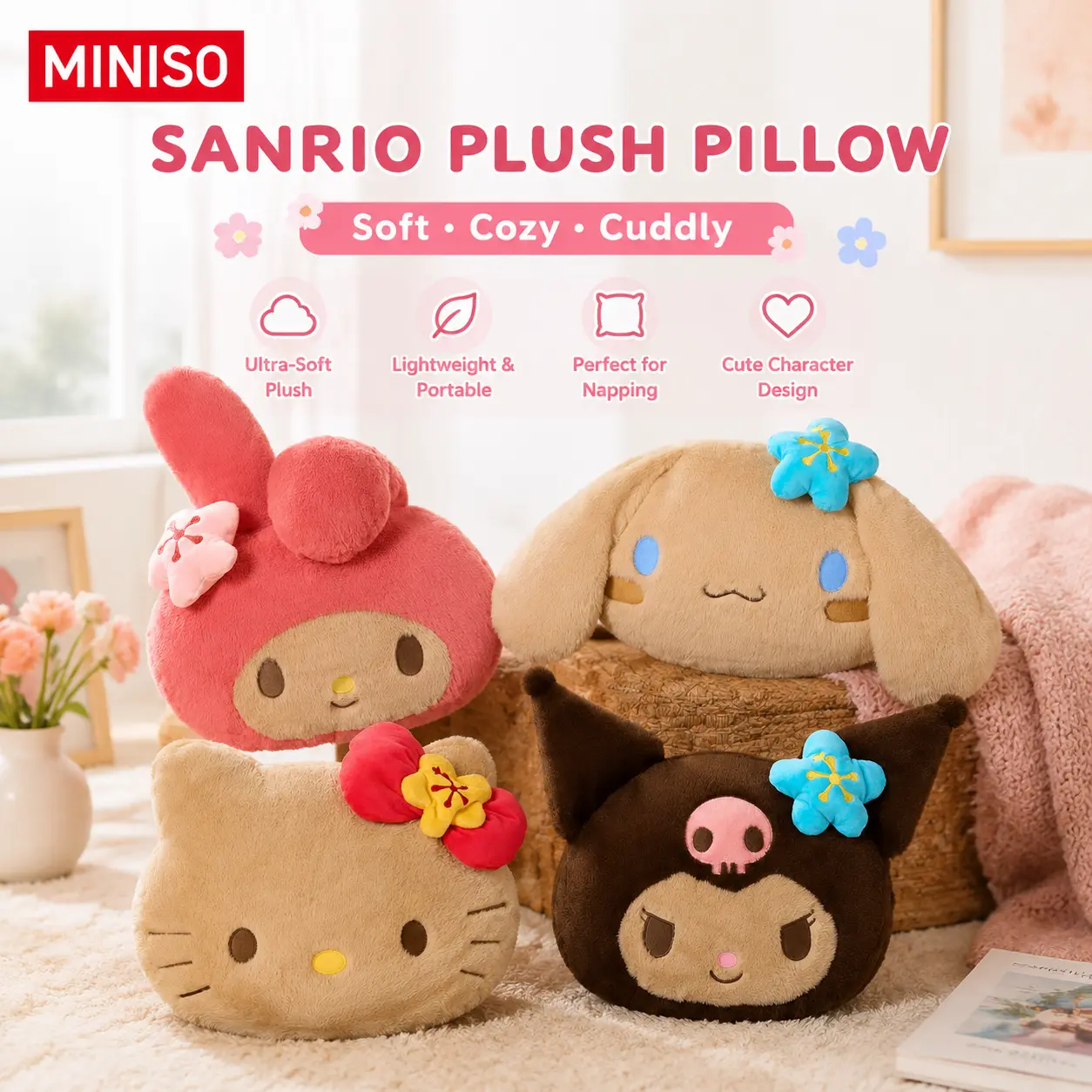 [back to school]MINISO Hello Kitty Ultra Soft Plush Throw Pillow And KT Crossbody Bag. Soft Touch Cushion, Fluffy Huggable Stuffed Toy for Bed And Sofa, Whimsical Home Decor, Cute Ornament for Girl Room, Perfect Birthday Gifts for Girlfriends#backtoschool