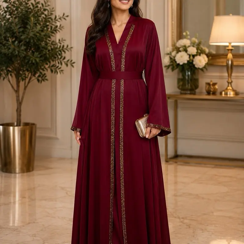 Women's 1-Piece Islamic Abaya Dress - Muslim Clothing, Modest Muslim Outfits, Dubai Luxury Long Sleeve Abaya with Matching Printed Hijab and Belt, Elegant Islamic Clothing