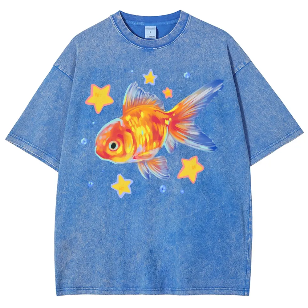 Men's Unisex Short-Sleeve Cotton Fabric Casual T-Shirt - Cute Starry Goldfish Kawaii Aesthetic, Vintage Washed, Colorful Watercolor Fish Graphic, Gift For Animal Lovers, Shortsleeve, Graphic Shirts, Oversize, Vintage T Shirts