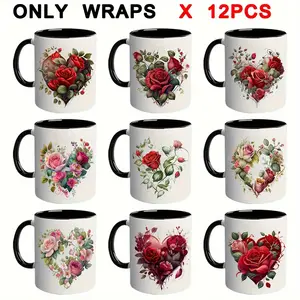 Stickers, Decorative Stickers, 12pcs Floral Heart-Shaped UV DTF Transfer Decals - Self-Adhesive Vinyl, Suitable for Mugs, Glasses, Bottles, and DIY Crafts, Crafts Cup Stickers, PVC Material, Romantic Rose & Flower Design