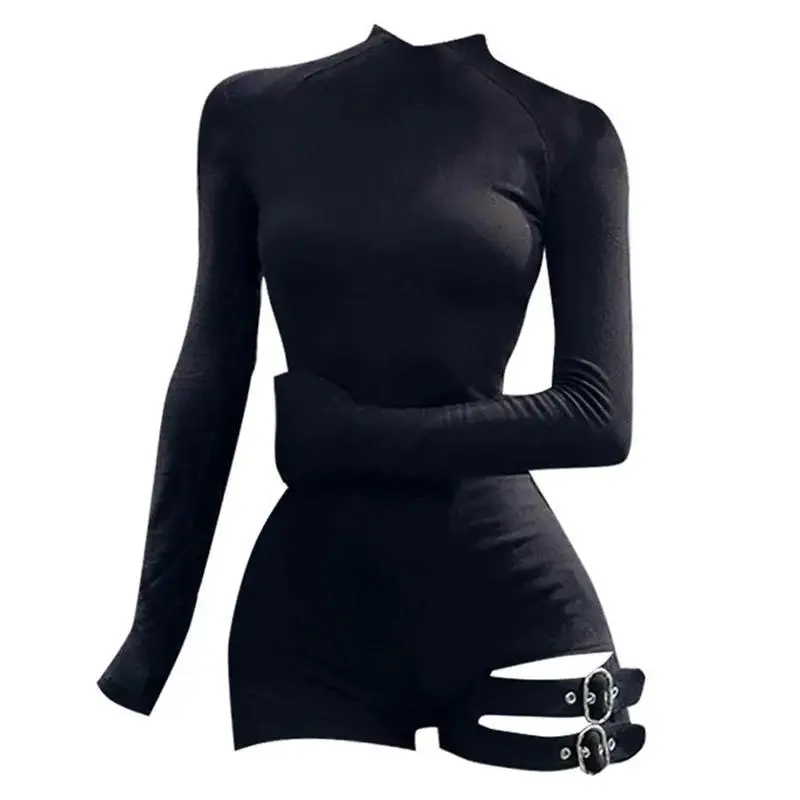 Women's Minimalist Black Bandage Bodysuit Set - Skinny Longsleeve High Neck Turtleneck Top, Bodysuit Bottom, Spice Girl Romper for Raincoat Pairing (Sports & Outdoor Clothing)