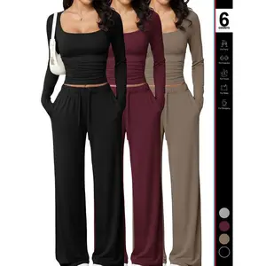 Women's 2 Piece Matching Lounge Set, Fitted Square Neck Long Sleeve Crop Top, High Waisted Wide Leg Drawstring Pants, Casual Sweatsuit