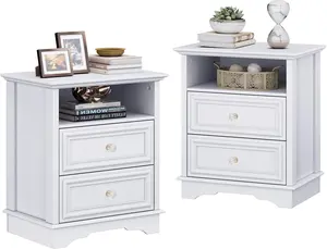 Yechen White Nightstand Set of 2, 25" Tall Farmhouse Bedside Table with Hidden Drawer and 1 Open Shelf, Wood Rustic Night Stand with Drawers for Bedroom (White, Black)