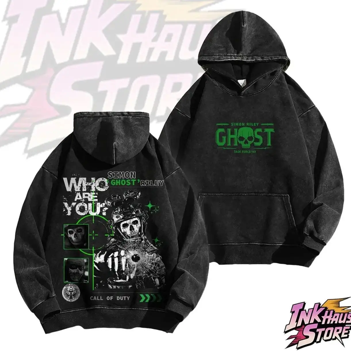 GHOST acid wash hoodie, Simon "Ghost" Riley -Long Sleeve Unisex Vintage Fashion Retro Style COD,Gym fit Street wear  Pullover Cotton Fabric Alpha Male Sigma NEB