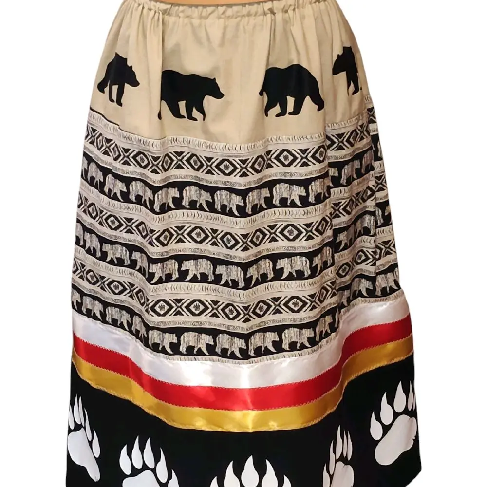 Native Made Bear Clan Ribbon Skirt made with Bear fabric, Bear Paws and Bears. Cotton Womenswear Print
