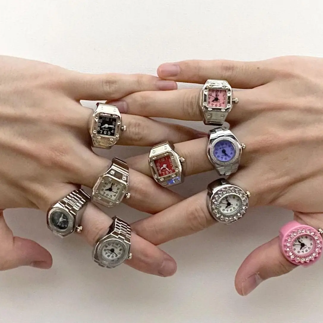 Fashion punk watch ring niche couple finger watch mini clock retro creative elastic ring