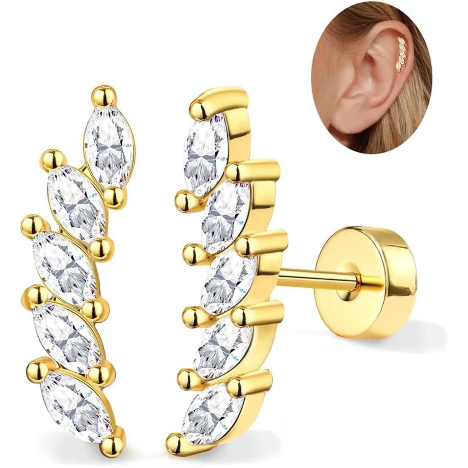 YADOCA 2Pcs Helix Piercing Jewellery Stainless Steel Cartilage Earrings for Women 16G Flat Back Earrings Stud Conch Piercing Earrings CZ Helix Earrings Silver Gold Tragus Piercing Jewellery