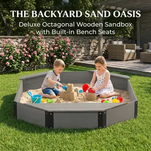 Octagon Sandbox with Storage for Kids, Solid Wood Sandpit with Cover and Liner for Backyard, Patio,kids outdoor play outdoorfun,sand box,birthday gift