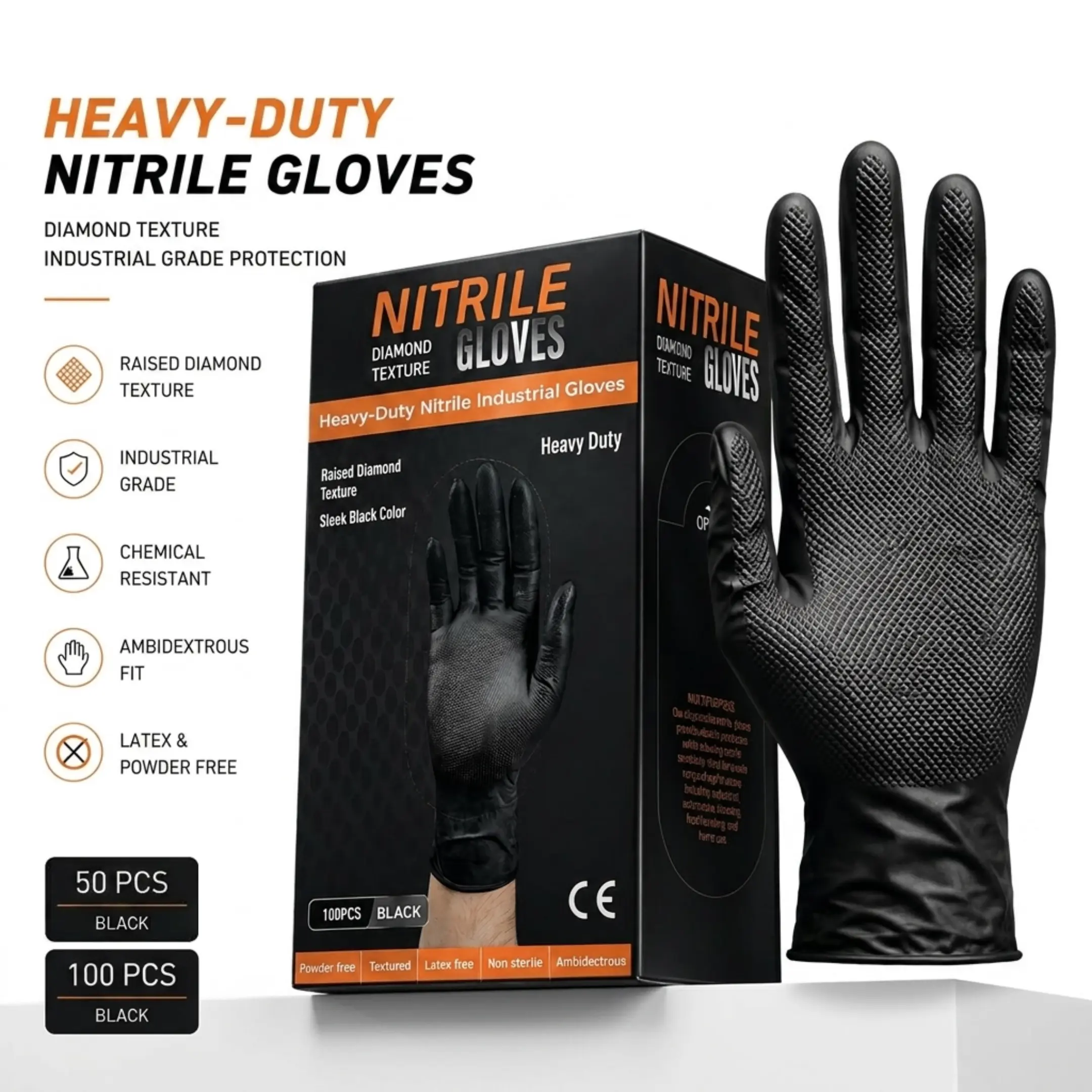 8Mil Heavy Duty Black Nitrile Gloves, Diamond Textured Ultra Grip, Latex Free Disposable Gloves for Mechanic, BBQ & Cleaning Industrial Grade Ambidextrous