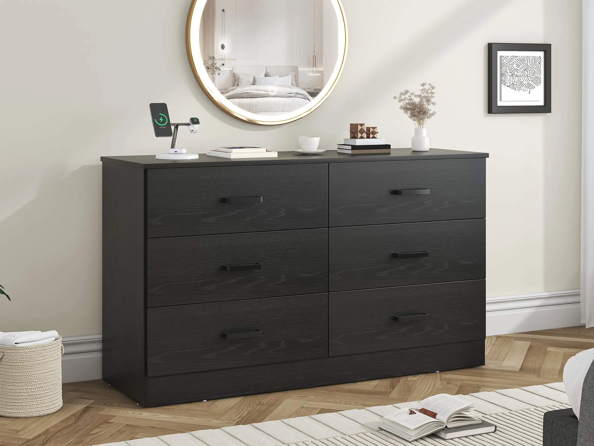 Black 6 Drawer Dresser for Bedroom, 15.8" D x 47.2" W x 27.7" H in Simply Modern Chest of Drawers, Wood Storage Double Dresser with Deep Drawers for Living Room, Hallway Entryway, Black