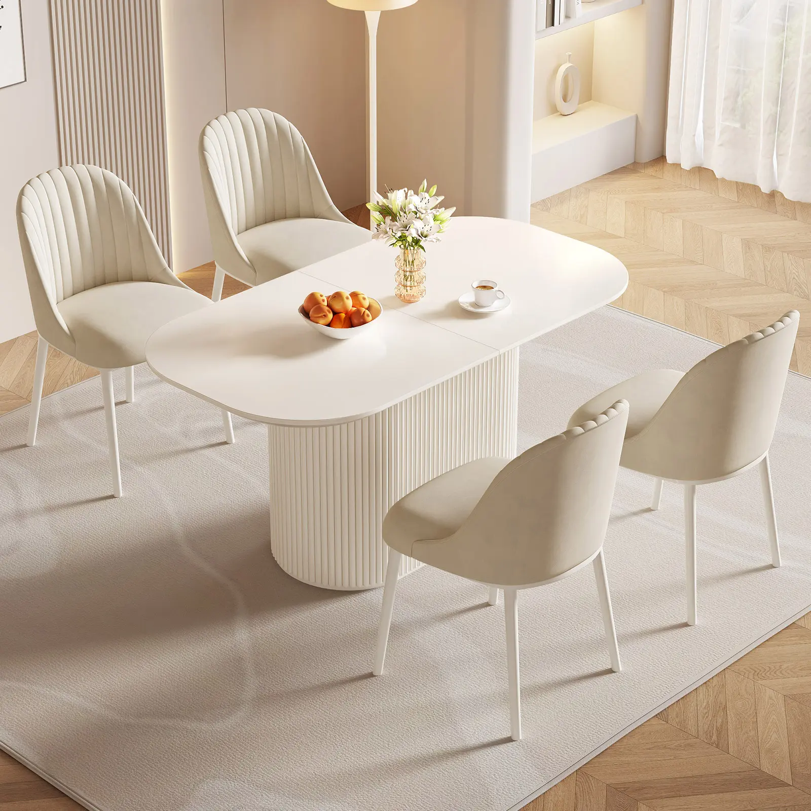 Guyii 62.99" Cream White Oval Dining Table Set for 4-6 People, Modern Kitchen Table with Ergonomic Chairs, Sturdy Design Indoor Dining Furniture for Dining Room, Apartment & Small Spaces, Easy Assembly