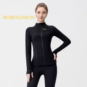 ROROLEMON Women's Long Jacket, Regular-Zip Slim Fit Athletic Top with Thumb Holes for Yoga & Gym