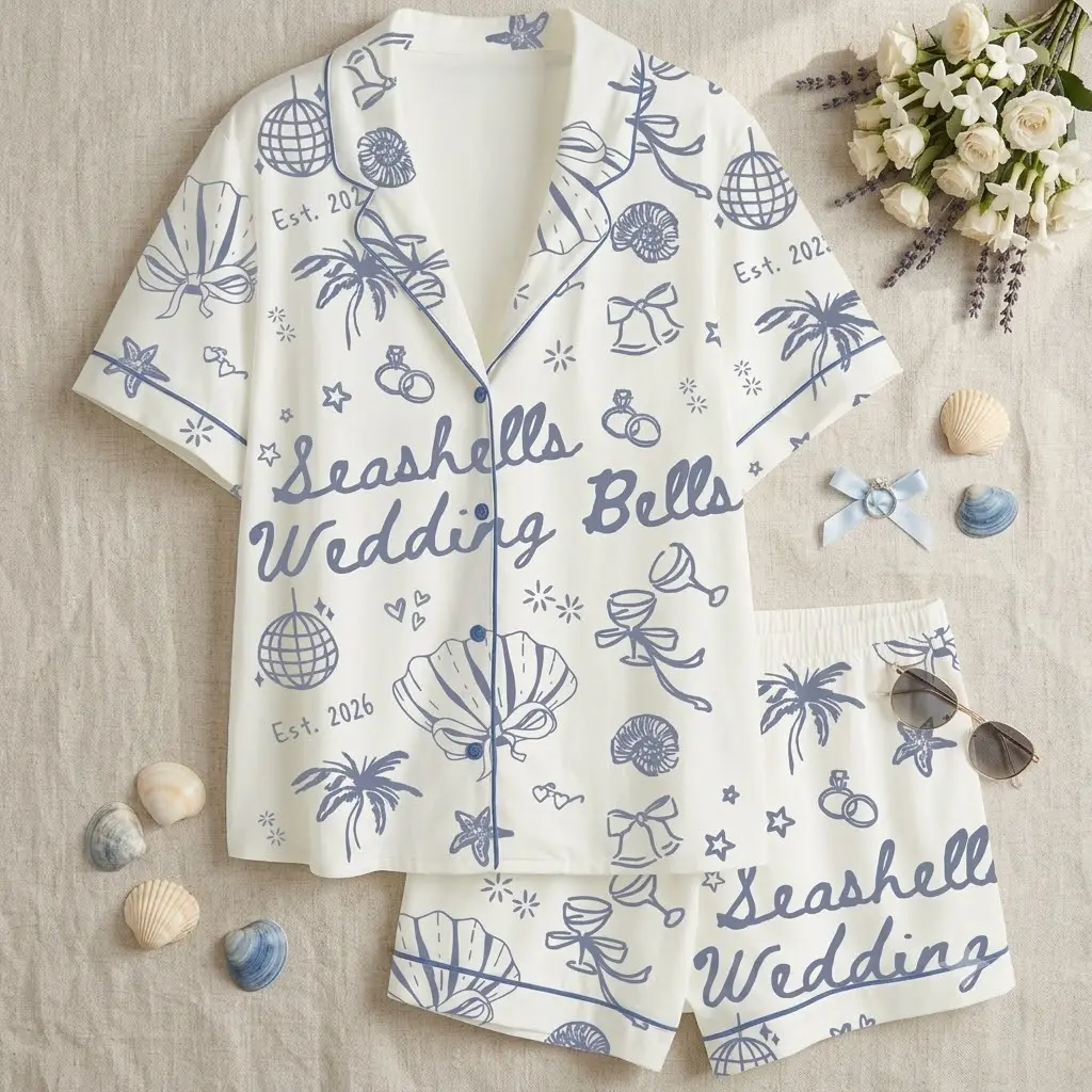 Seashells Wedding Bells Pajama Set Coastal Bride Est 2026 Beach Wedding PJs White Blue Bachelorette Party Lounge Set Short Sleeve Button Down Shirt Shorts Sleepwear Bride To Be Bridesmaid Gift for Women Soft Cozy Matching Pyjamas Trendy