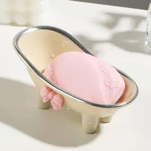 Creative Mini Bathtub Soap Dish, Ceramic Drainage Non-Slip Soap Holder, Nordic Style Cute Bathroom Accessory, Girl Heart Decor