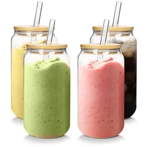 ANOTION Set of 4 Can-Shaped Drinking Glasses -  Drinking Glass Cups with Bamboo Lids and Straws Clear Cups for Cocktails, Iced Coffee, Tea, Soda, Whiskey and Beer  white elephant gifts