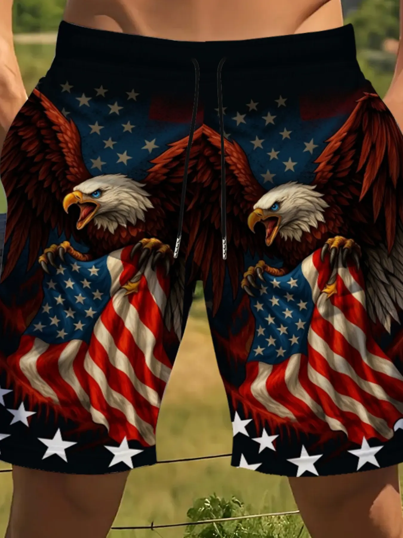 American 250th Anniversary Flame Flag Eagle Men's Casual Summer Shorts, All Over Print, Polyester Comfortable Lightweight, Drawstring Waist, Pocketed, Casual Beachwear, Fashionable