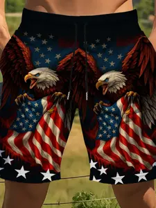 American 250th Anniversary Flame Flag Eagle Men's Shorts, Casual Drawstring Shorts, Polyester Comfortable Lightweight, All Over Print, Pocketed, Casual Beachwear, Fashionable