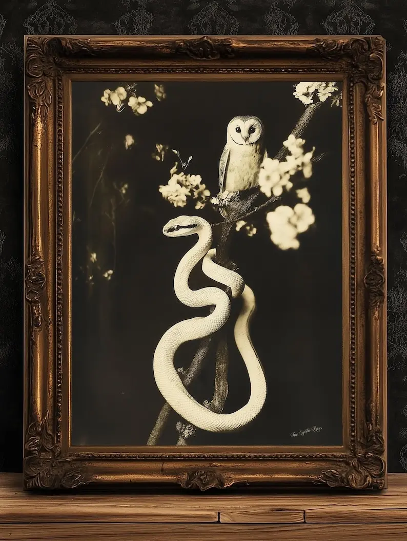 Vintage Owl and Snake Art Print - Dark Academia Aesthetic, Gothic Nature Wall Decor, Mysterious Animal Poster, Antique Black and White Print UNFRAMED