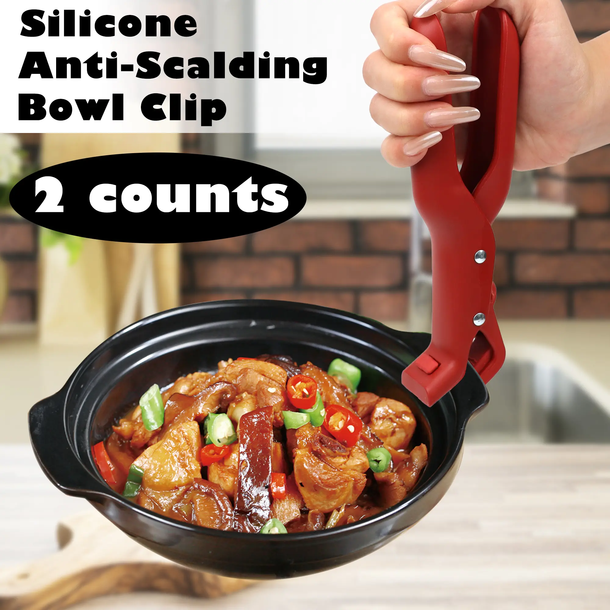 2-Count Kitchen Silicone Hot Plate Grippers - Durable Heat Resistant Holder, Anti-Scald Bowl Clip with Tongs & Clasp Functions, Dishwasher Safe Pan Gripper for Home Use, Red & Green
