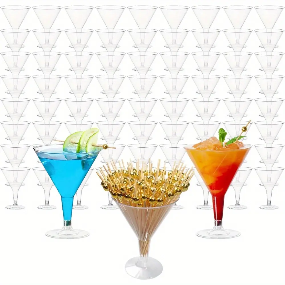 72 Pcs Plastic Martini Glasses with 100 Cocktail Sticks, 6.5 oz Disposable Clear Stemmed Cocktail Cups for Party, Wine, Champagne, Margarita, Desserts, and Appetizers Reusable Dessert Cups