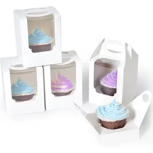 Cupcake Boxes 50 pcs, Individual Cupcake Containers White with Window Insert and Handle, Pastry Box Single Muffins Holder Disposable for Bakery Wrapping Party Favor Packaging