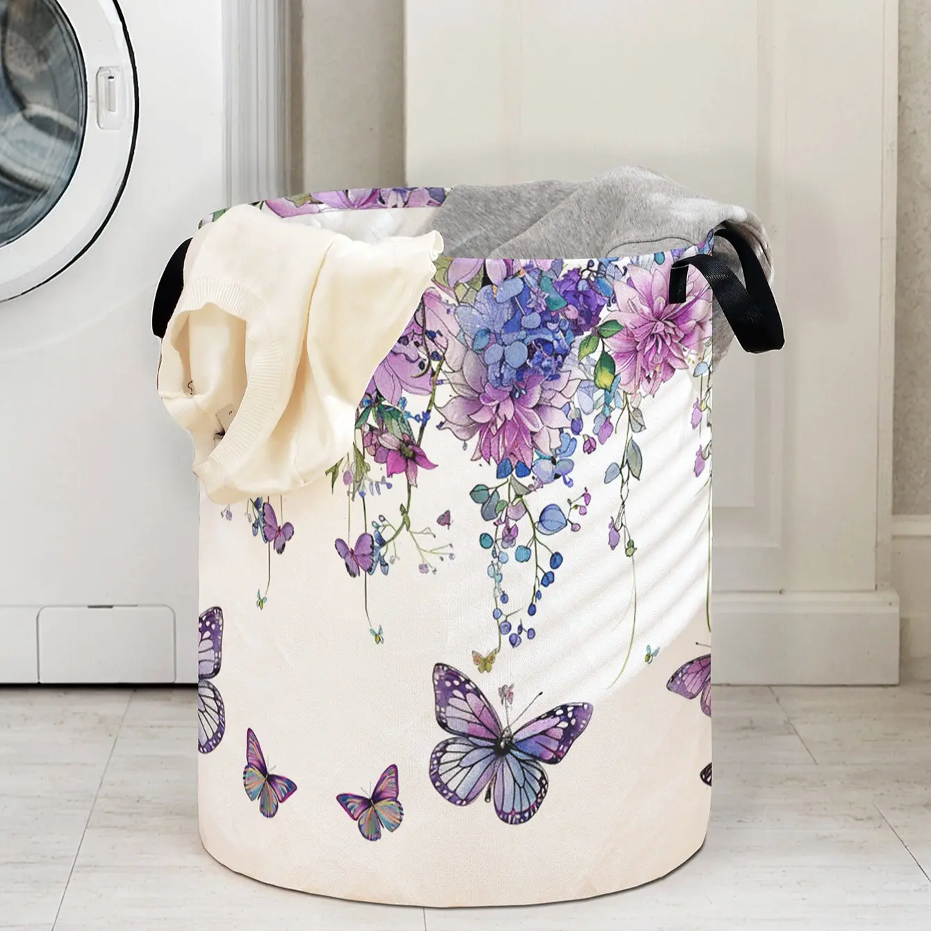 Floral Butterfly Laundry Basket with Handle, Durable Foldable Clothes Storage Bin, Large Capacity Toy Organizer for Home Use, Laundry Hamper