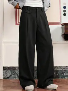 Men’s black wide-leg suit pants, loose fit, long trousers—suitable for business casual wear, commuting, and everyday use.
