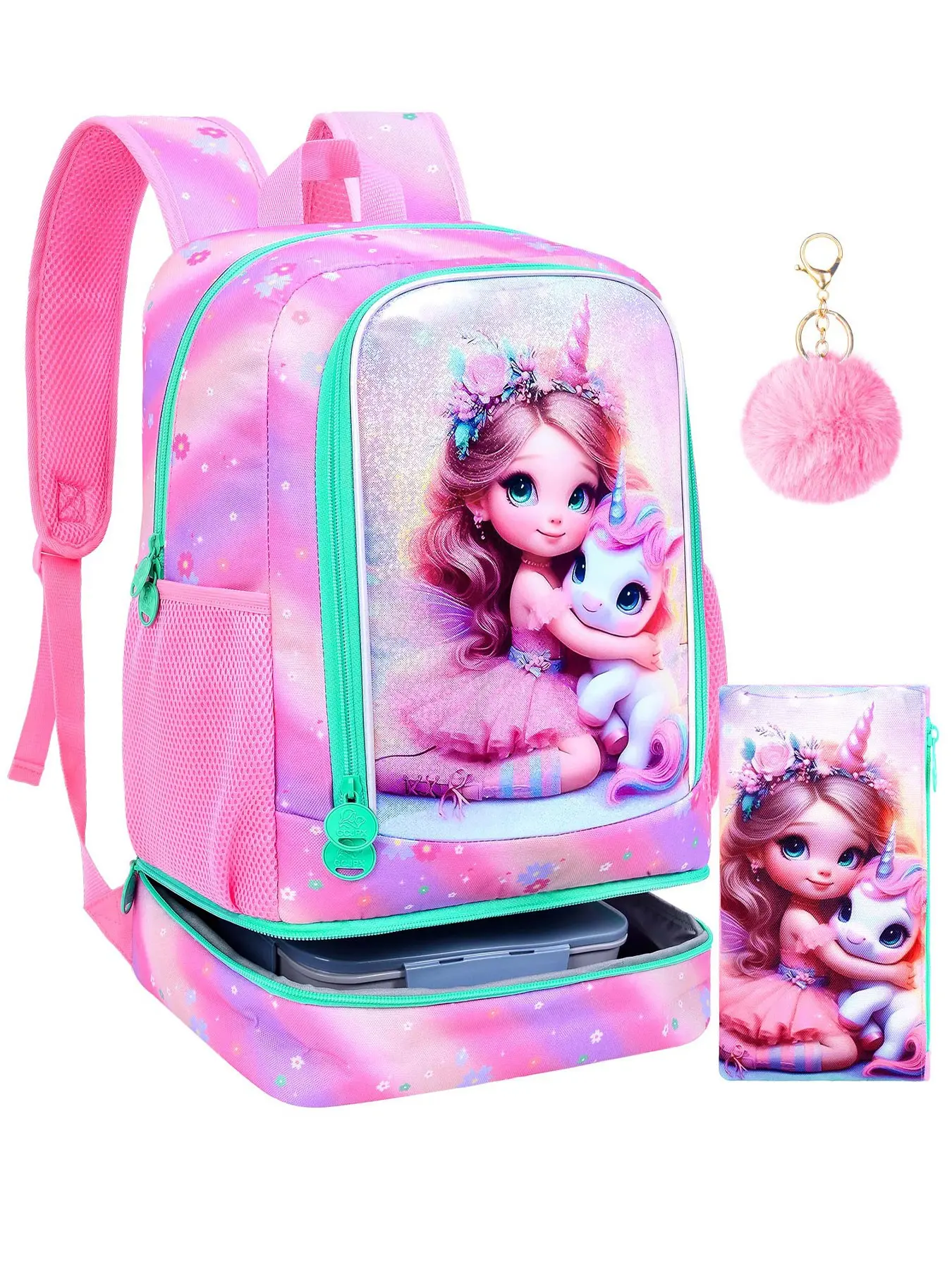 Girls 2pcs Unicorn Princess Backpack Set, Kids School Bookbag with Pencil Case & Pompom Charm, Preppy Style, All Seasons, School Backpacks
