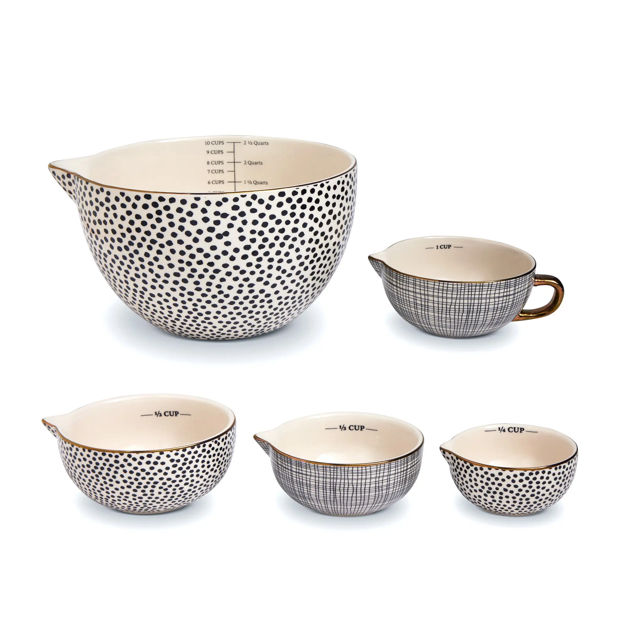 5-Piece Ceramic Mixing Bowl and Measuring Bowl Set, Dot Pattern - Includes 2.5 Qt Mixing Bowl with Markings & 4 Measuring Cups - Nesting Kitchen Bowl Set
