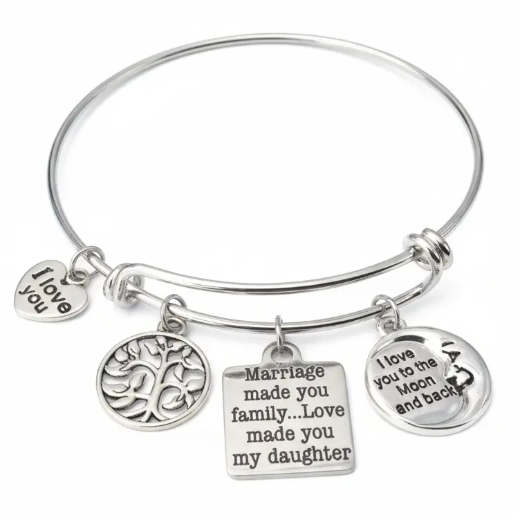 Daughter In Law Bracelet | Marriage Made You Family Love Made You My Daughter | Silver Expandable Charm Bangle | Moon & Family Tree Gift