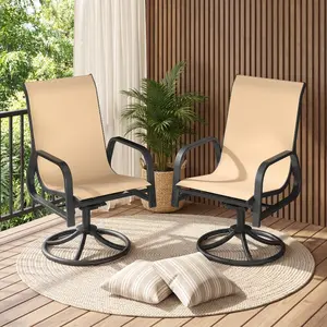 Outdoor Swivel Dining Armchair Set of 2, 360° Swivel Patio Dining Chairs with Padded Textilene Seat, Black Metal Frame for Lawn, Garden & Poolside, Brown