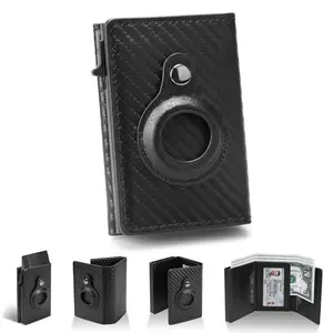 Mens Smart Wallet Card Holder for AirTag: Leather, Compatible with Apple Air Tag, RFID Blocking, Slim, Carbon Fiber, Minimalist - 9-14 Card Capacity | ID Window`
