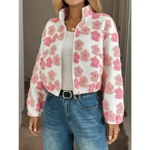 Women’s plush long-sleeve jacket with zipper, warm textured fabric, floral design, fall/winter fashion, casual fitted style GARMENTARY