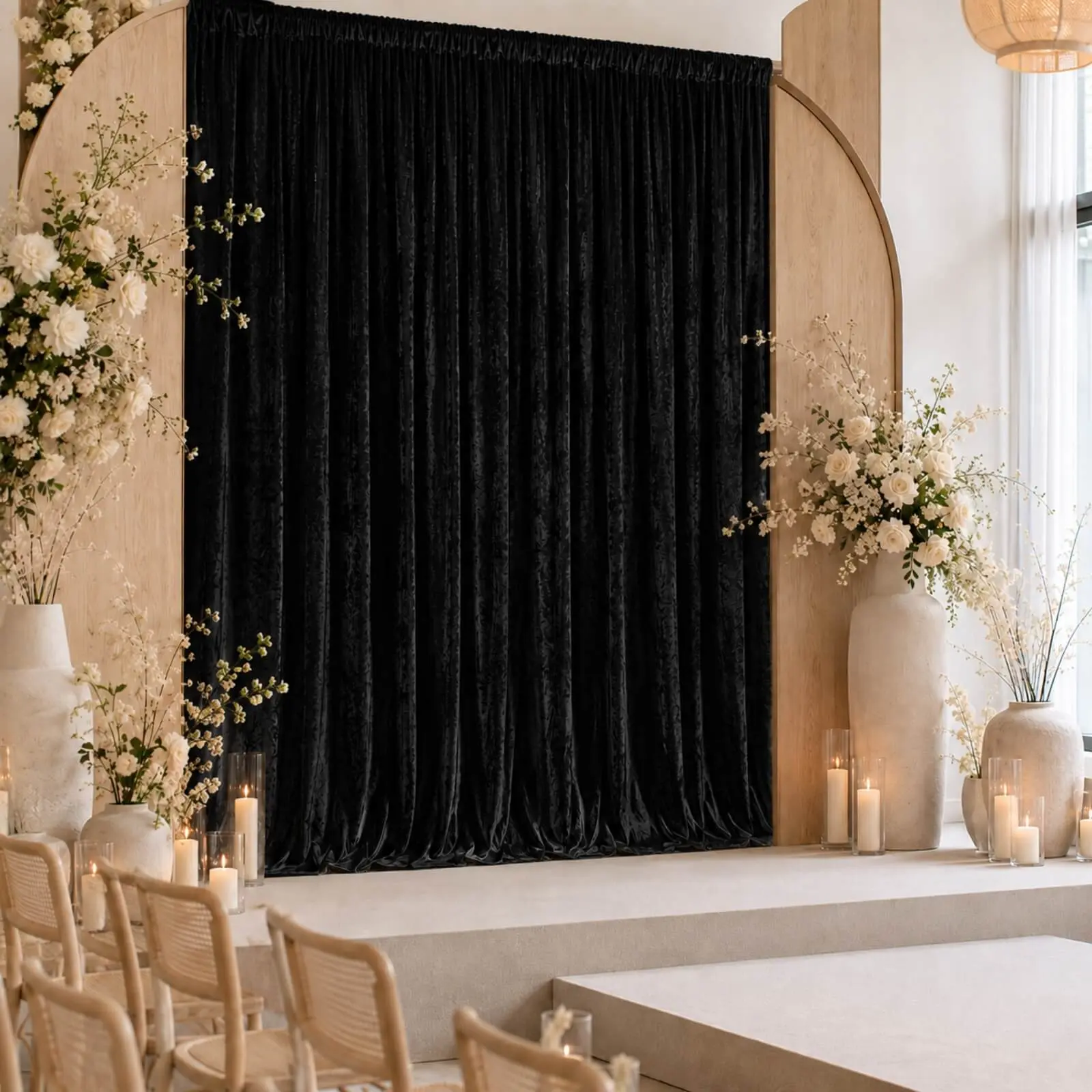 10ft x 10ft Premium Crushed Velvet Backdrop Curtain Black - 70% Blackout, Rod Pocket, Easy to Clean Washable Drape Panel for Photo Booth, Ceremony, Festive Banners & Party Decor