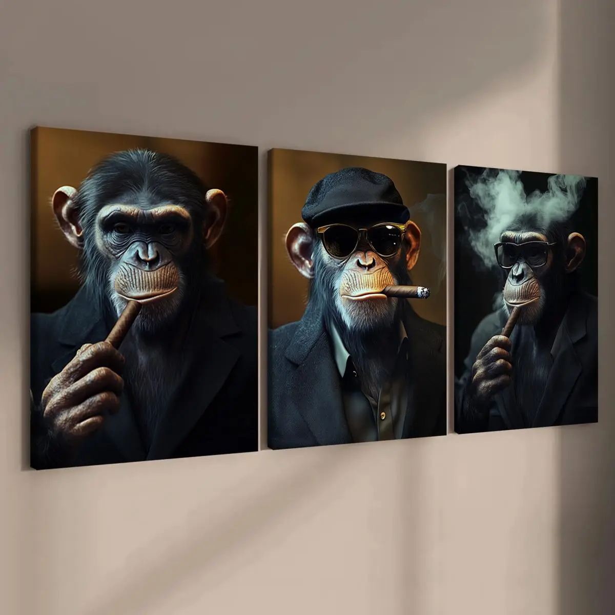 Monkey Pattern Canvas Painting with Frame, 3 Counts/set Funny Monkey Wall Art, Unique Artwork, Wall Decor for Home Living Room Bedroom Office, Ornaments, Home Decor Products