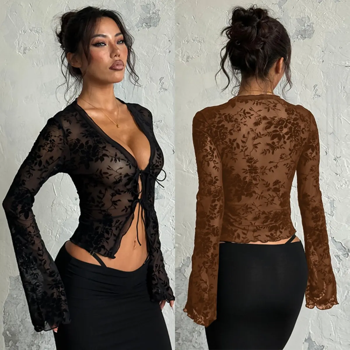 Women's Polyester Flocked Print Mesh Sheer Cropped Blouse - Long Frill Sleeves, Tie Front, Minimalist Chic, All Seasons Crop Tops for Women, Beach Cover-Up Cardigan Top, YL24467PFO