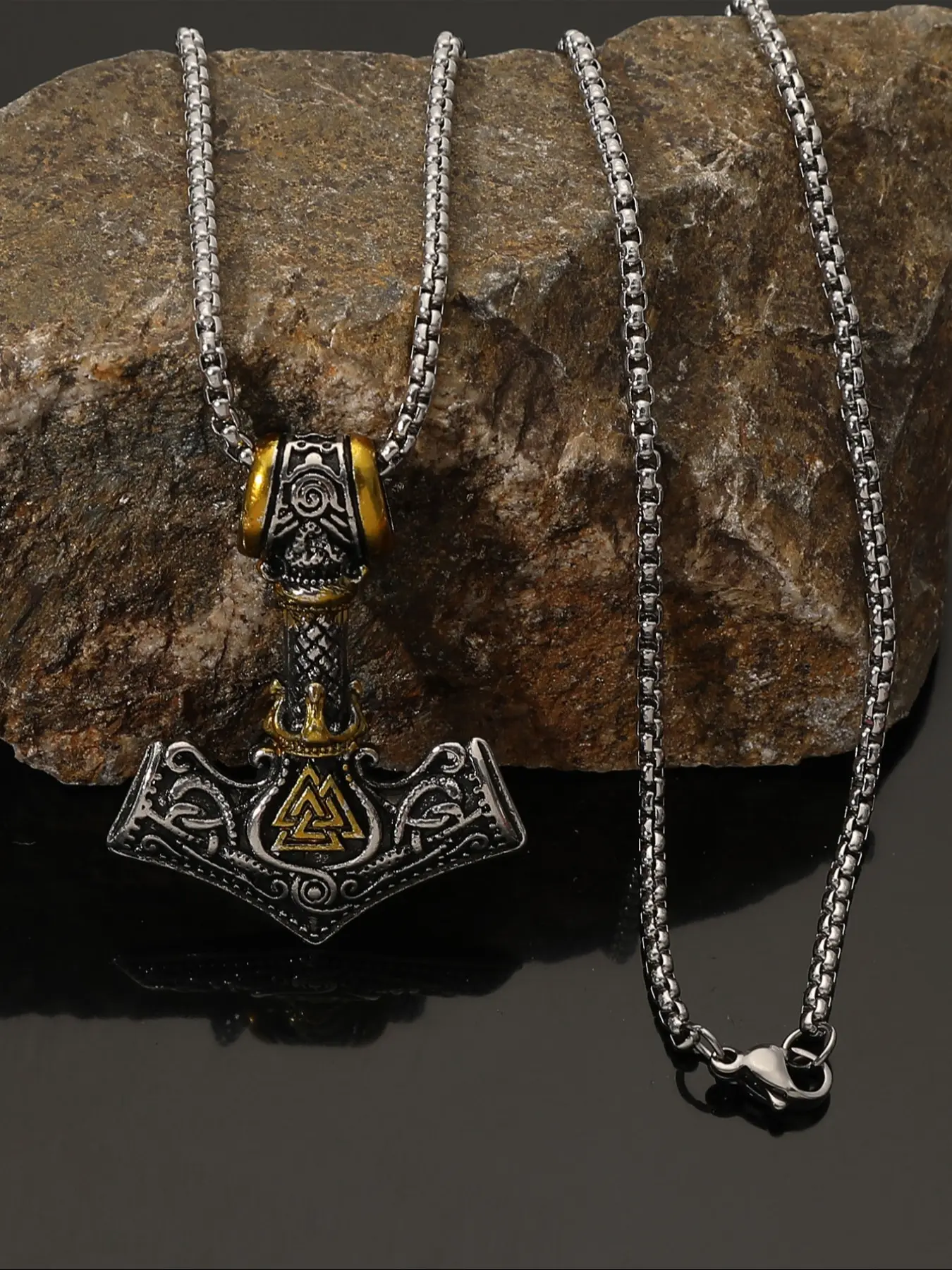 Viking Style Odin Rune Hammer Pendant Necklace, Amulet Necklace, Casual Geometric Design, Stainless Steel Chain, Perfect for All Seasons, Ideal Gift