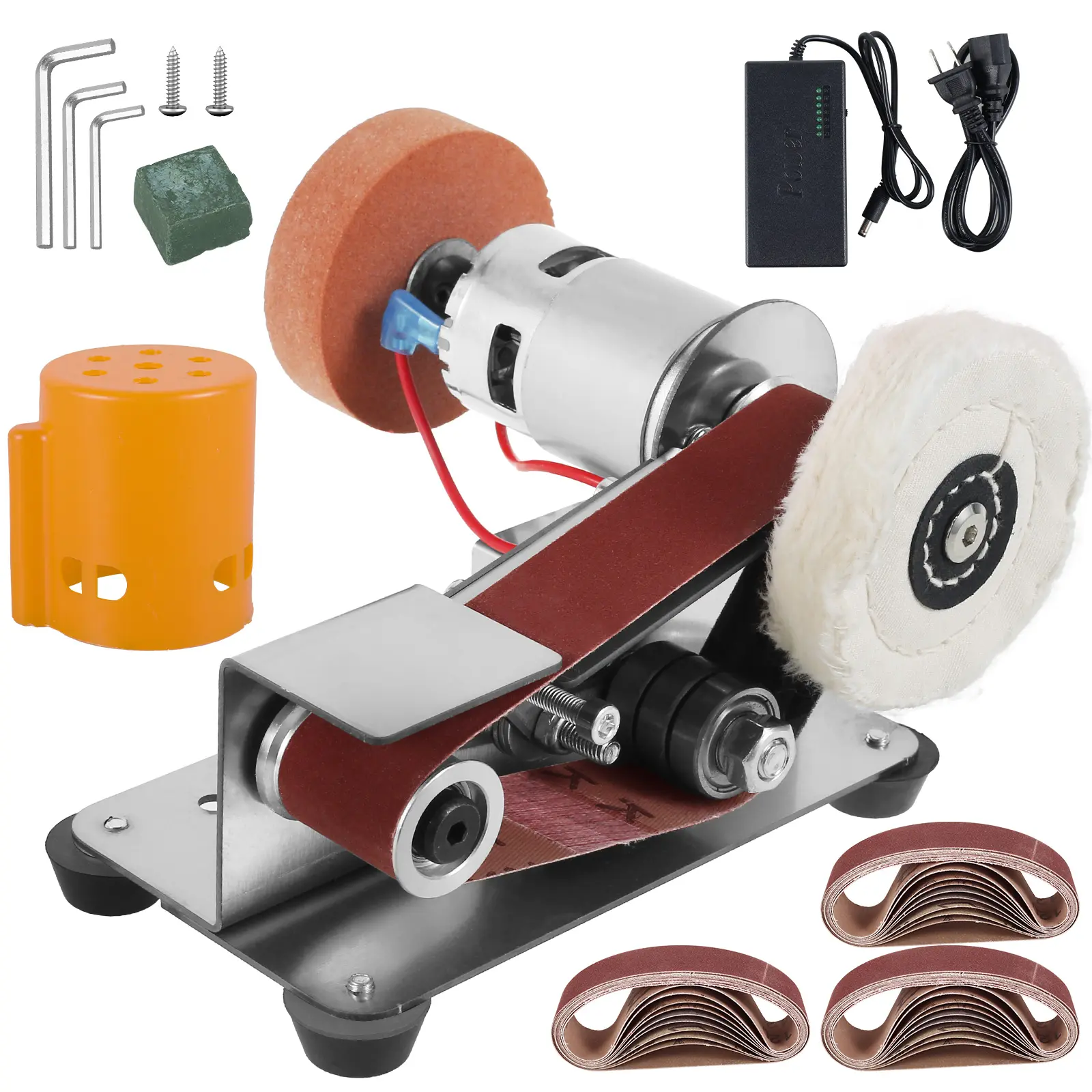 Mini Belt Sander Multifunctional Electric Belt Sander 7-Speed Adjustable Electric Polishing Sander Heavy-Duty Stainless Steel Small Electric Sander with 30 Sanding Belts for Metal Grinding