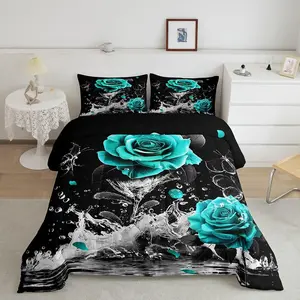Teal Rose Luxury Bedding Set,Romantic Floral Blossom Designer Comforter Set,Black Teal Comforter,Reflection on Water Bedroom Home Decor Quilt Set